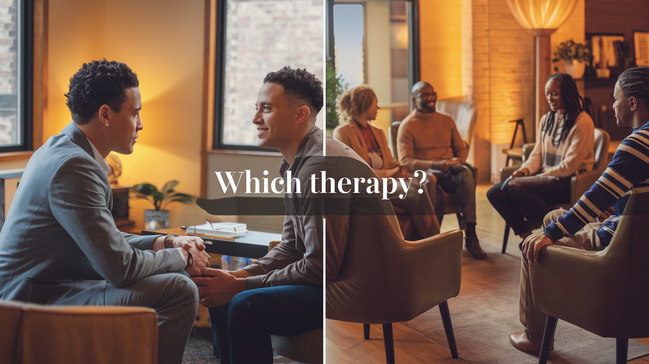 Individual vs Group Therapy Image collage featuring individual and group therapy in a clinical setting.