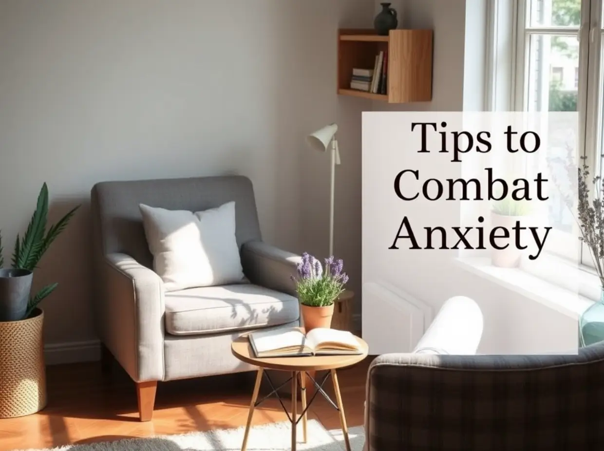 Tips to combat Anxiety Realistic image of a serene indoor space with soft, natural lighting, featuring a comfortable armchair next to a window. On a small table beside the chair, place a steaming cup of herbal tea, a journal, and a potted lavender plant. Include a yoga mat rolled up in the corner and a small shelf with self-help books. Add a text overlay in a calming font that reads "Tips to Combat Anxiety" in the upper right corner of the image