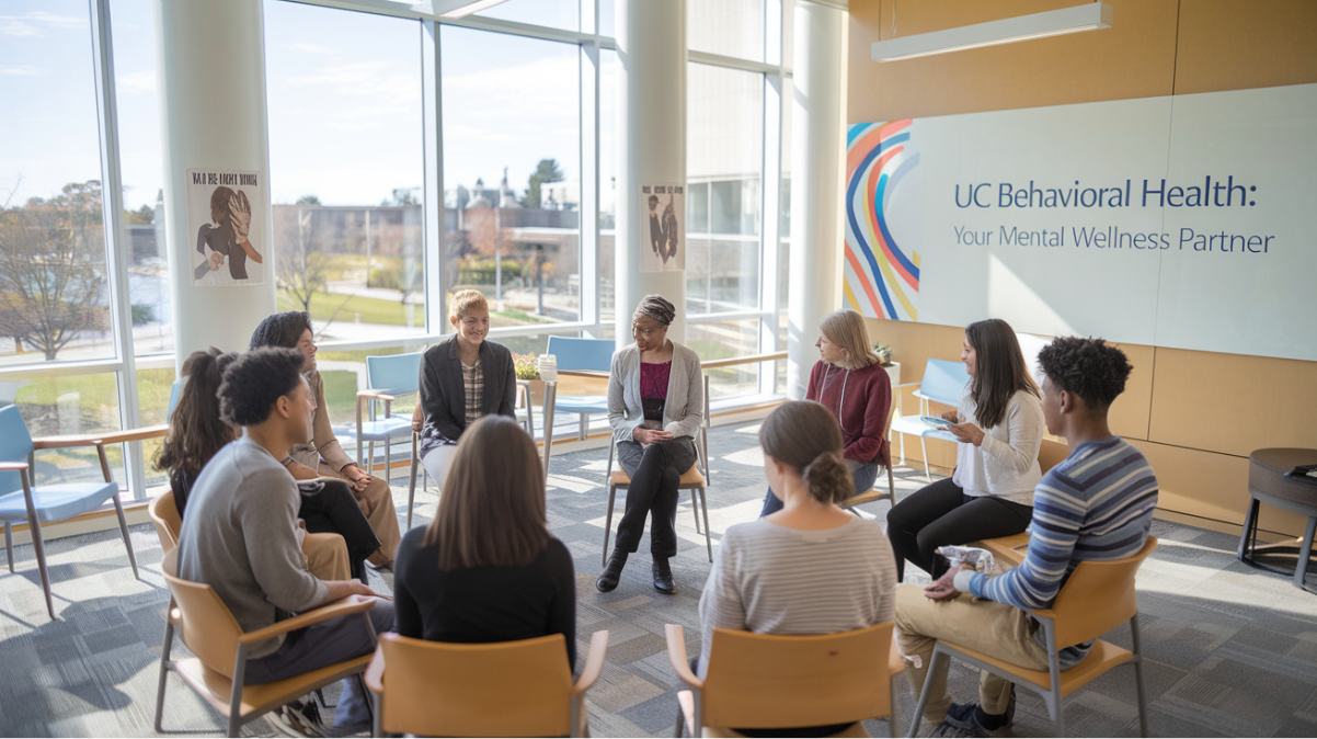 Best kept secret in mental wellness Students sitting in a circle, participating in a mental health support group session in a bright space with large windows, guided by a therapist in a clinic.