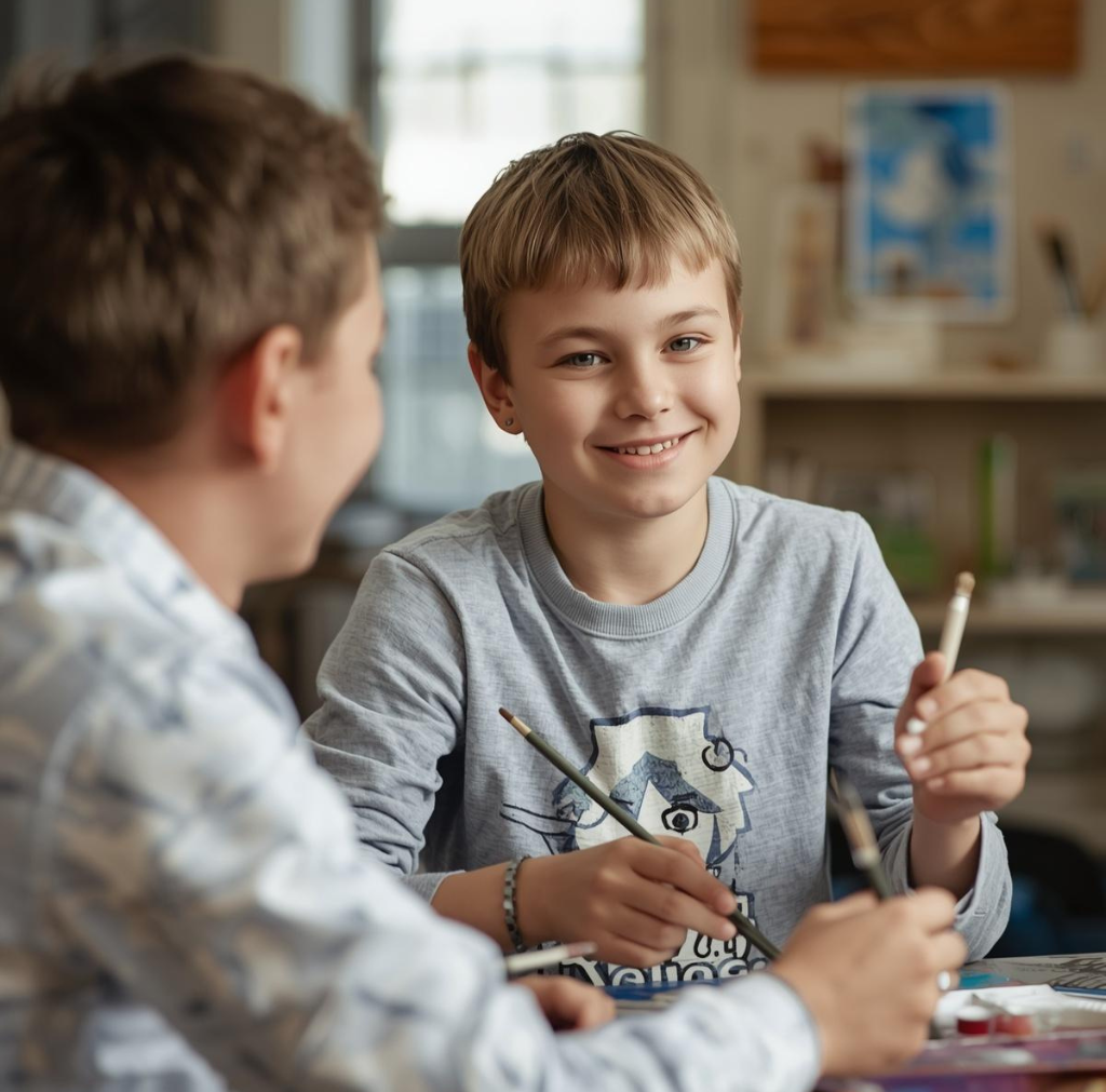 Scholarships for childhood programs A photograph showing a child with a tutor, smiling while engaged in a painting activity during a tutoring session.