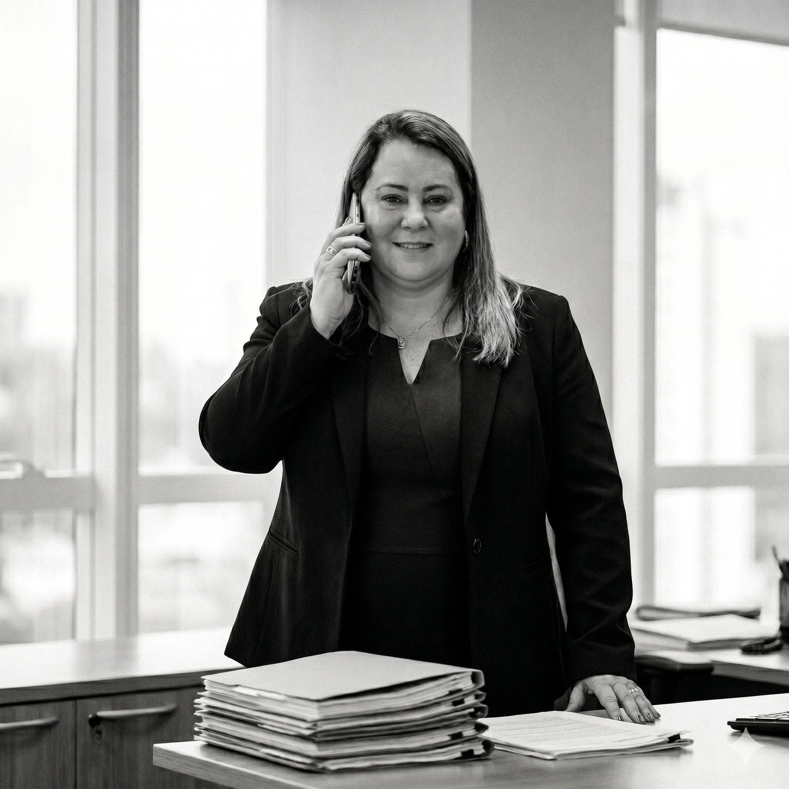 A black-and-white medium shot of middle-aged businesswoman Ingrid Cruz, standing in an office and speaking on a mobile phone; her right hand rests on a stack of files on her desk, while her other hand holds the phone to her ear, with a window and other office furniture blurred in the background.
